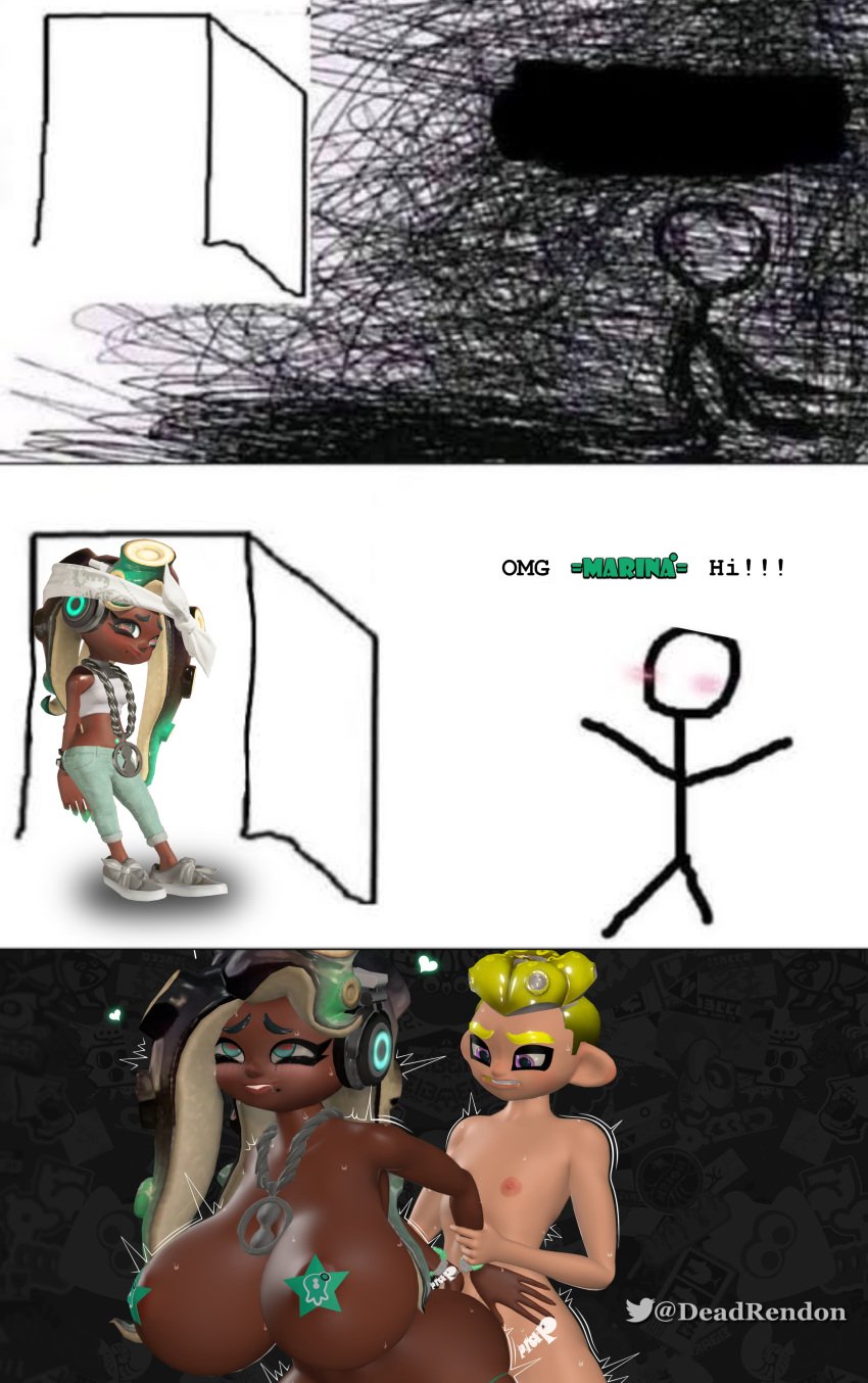 1boy 1girls 3d big_breasts dark-skinned_female deadrendon hyper hyper_breasts male/female male_penetrating male_penetrating_female marina_(splatoon) meme nipple_tape octoling octoling_boy omg_hi! sfm source_filmmaker splatoon splatoon_(series) splatoon_3 straight