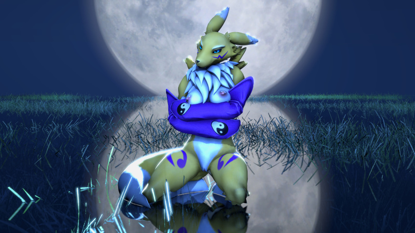 16:9 3d_(artwork) 4k absurd_res anthro bandai_namco blue_eyes breasts canid canine clothing detailed_background digimon digimon_(species) digital_media_(artwork) female fox fur genitals gloves grass handwear hi_res light looking_at_viewer mammal moon moonlight night nipples nude outside plant pussy reflection reflective reflective_body renamon sky solo source_filmmaker video_games white_body white_fur widescreen wolftrap546 yellow_body yellow_fur