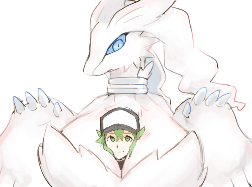 anthro blue_eyes cap green_eyes green_hair head_between_breasts hi_res huge_breasts human_on_pokemon legendary_pokémon looking_at_viewer natural_harmonia_gropius nintendo pokémon_(species) pokemon pokemon_bw popothin reshiram size_difference smiling_at_viewer white_background