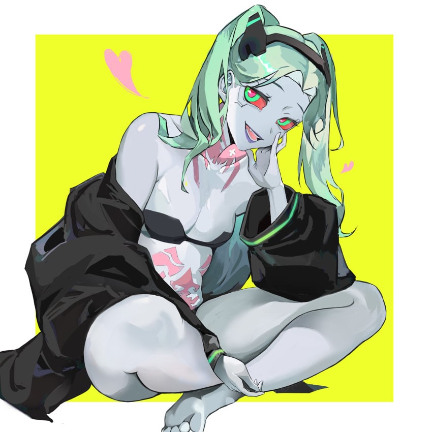 1girls 2d android bare_feet barefoot cd_projekt_red cute cyberpunk:_edgerunners cyberpunk_2077 feet female female_only flat_chest flat_chested heart netflix panties rebecca_(edgerunners) sitting small_breasts smile solo studio_trigger tattoo tattoos teal_hair thighs underwear yshua