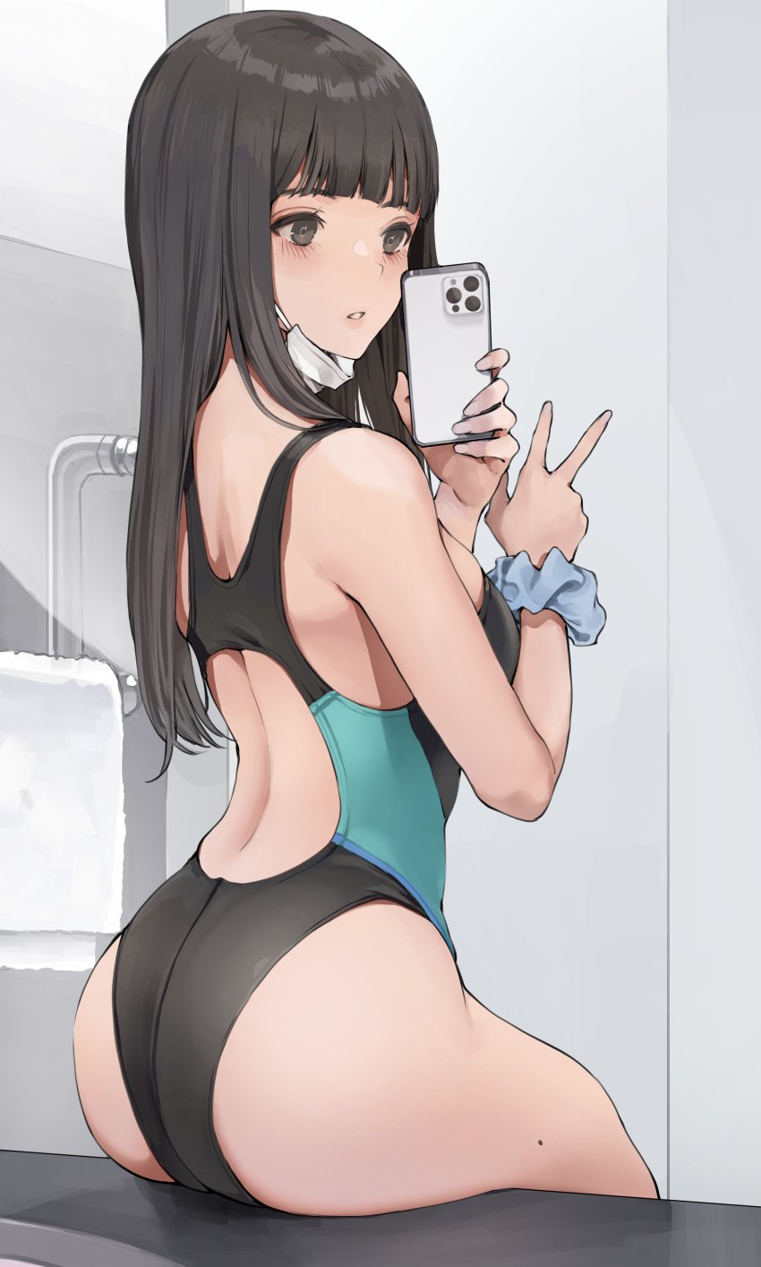 1girls 2022 absurdres ass back back_cutout bangs bare_arms blunt_bangs blush breasts brown_eyes brown_hair cellphone clothing_cutout competition_swimsuit female female female_only highres holding holding_phone indoors koh_(minagi_kou) long_hair looking_at_phone mask mask_around_neck medium_breasts mole mole_on_thigh mouth_mask one-piece_swimsuit original parted_lips phone restroom scrunchie selfie sitting smartphone solo solo_female surgical_mask swimsuit thighs towel two-tone_swimsuit v wrist_scrunchie