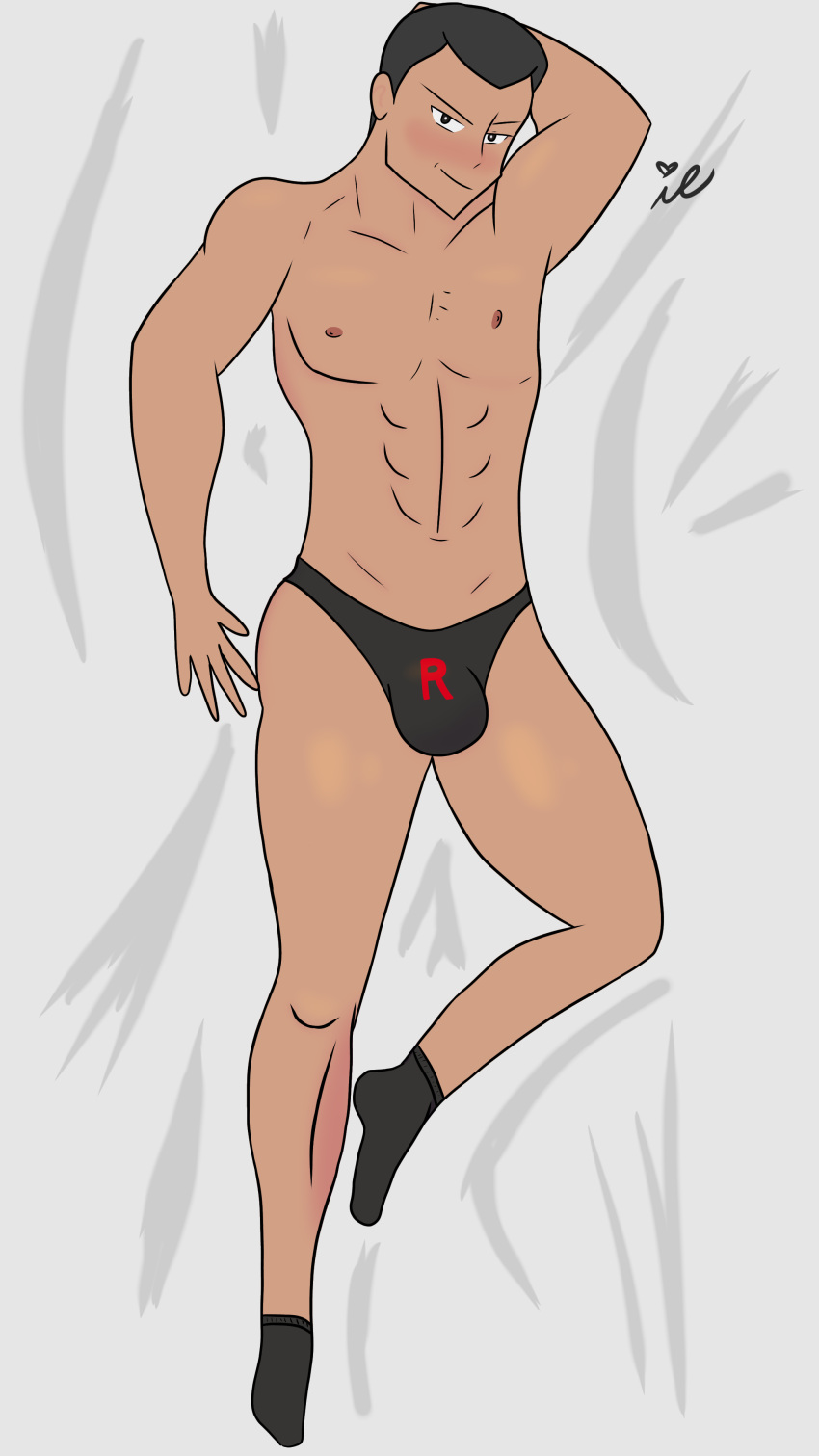 1boy _iso_late_ abs bara black_eyes black_hair black_socks bodypillow bulge fit fit_male gay giovanni_(pokemon) human light-skinned_male light_skin looking_at_viewer male male_only pokemon pokemon_frlg pokemon_lgpe pokemon_rgby short_hair solo solo_male team_rocket underwear underwear_only