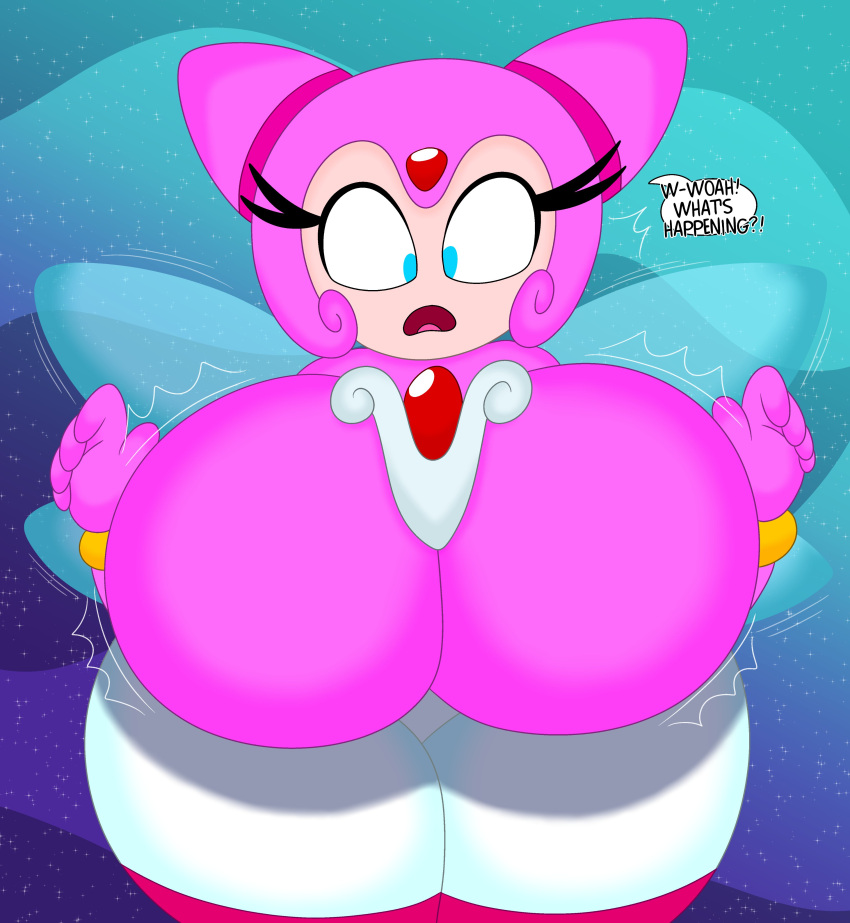 1girls 3barts big_breasts breast_expansion breasts busty dialogue english_text female female_only huge_breasts hyper hyper_breasts large_breasts lumina_flowlight sega sonic_(series) sonic_shuffle sonic_the_hedgehog_(series) surprised text thick_thighs wide_hips wings