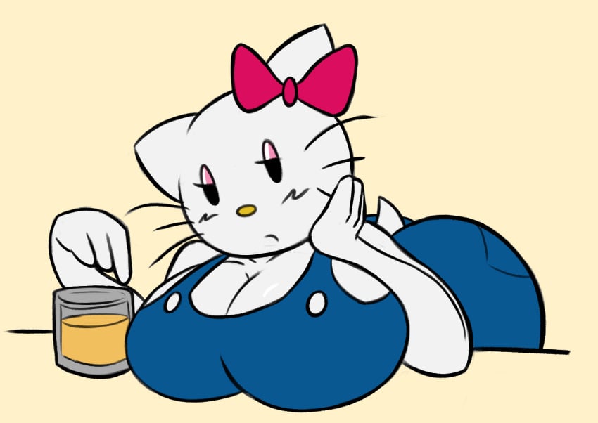 2022 anthro ass bow breasts cleavage clothed domestic_cat feline female female_only hello_kitty hello_kitty_(character) hello_kitty_(series) huge_breasts kitty_white large_breasts overalls sanrio solo_female supermoonshroom tail whiskers