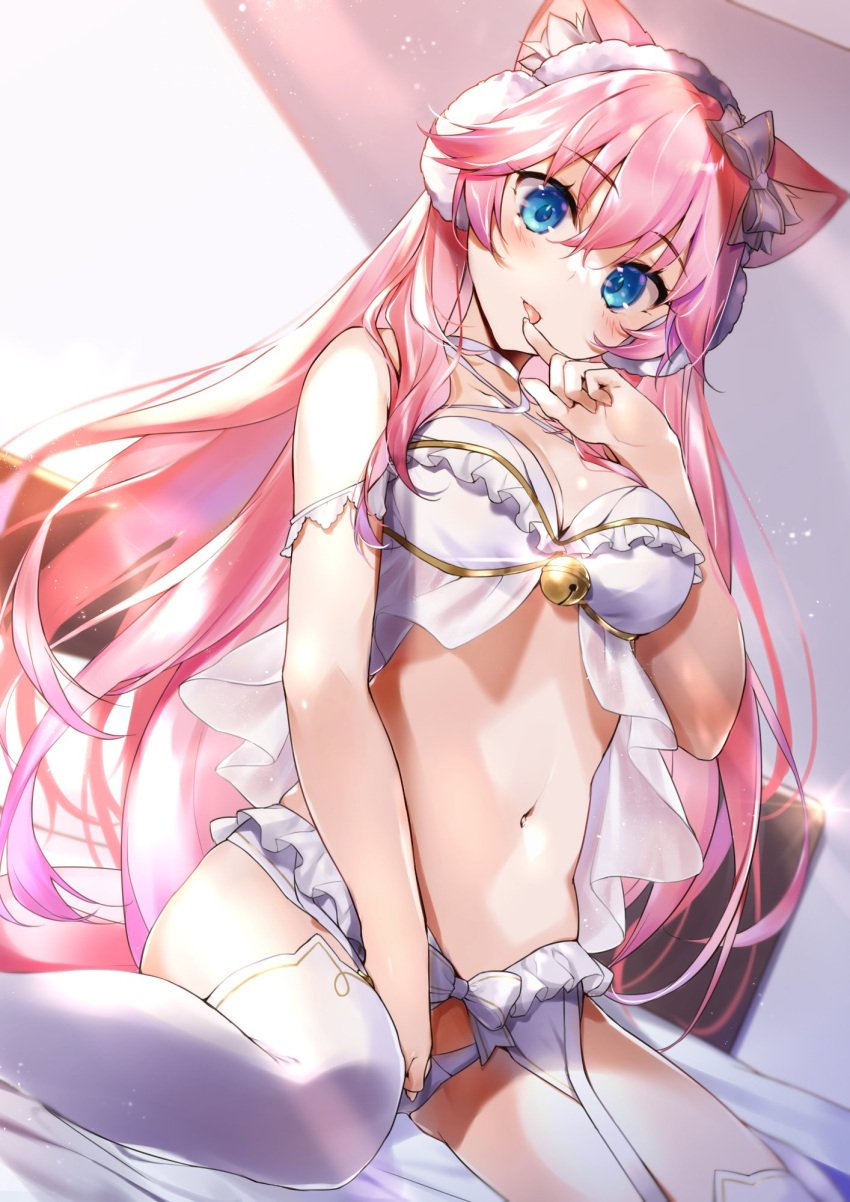 1girls animal_ears blossum_(blossumcake) blush bra cat_bell cat_ears cat_stockings cat_tail catgirl earmuffs eyebrows_visible_through_hair female female_only indie_virtual_youtuber indoors licking_finger light-skinned_female light_skin lingerie looking_at_viewer on_bed oyazuly panties pink_eyes pink_hair pink_tail solo tail tongue tongue_out virtual_youtuber white_bed_sheet white_bra white_panties