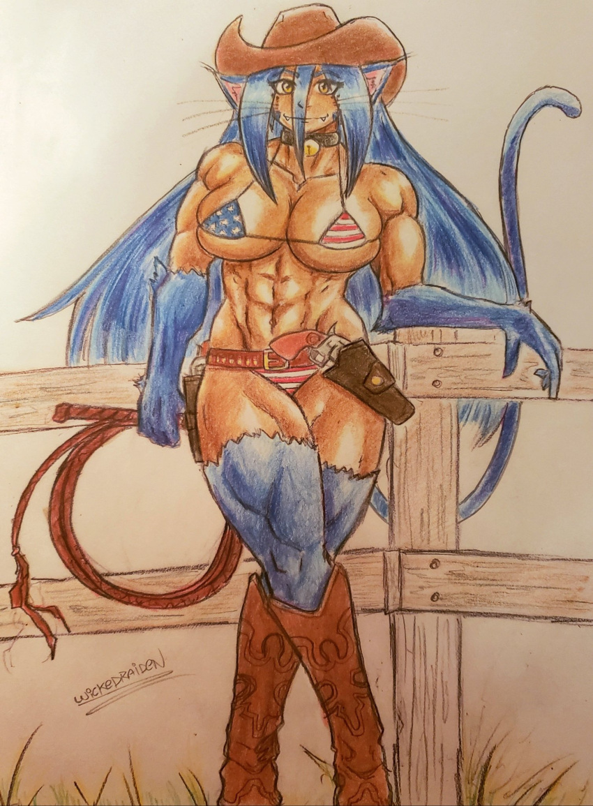 bikini blue_fur blue_hair boots cat_ears cat_tail catgirl choker collar cowboy_hat fence firearm fit fit_female gun gun_holster handgun kemonomimi long_hair muscles muscular_female oc original original_character panties revolver ryuka_(wickedraiden) smile weapon whip whiskers wickedraiden