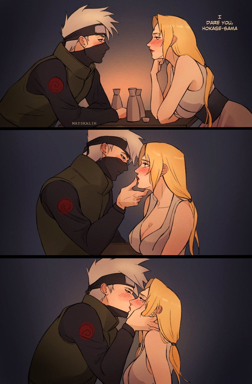 1boy 1girls age_difference blonde_female blonde_hair blush chin_grab cleavage dare drunk english_text eye_contact eyelashes face-to-face female finger_on_lip forehead_protector grey_hair hand_on_face hatake_kakashi holding_face kissing large_breasts making_out male male/female mayskalih naruto naruto_(series) naruto_shippuden ninja red_lipstick sake_bottle seducing seductive seductive_look straight text tsunade unmasked