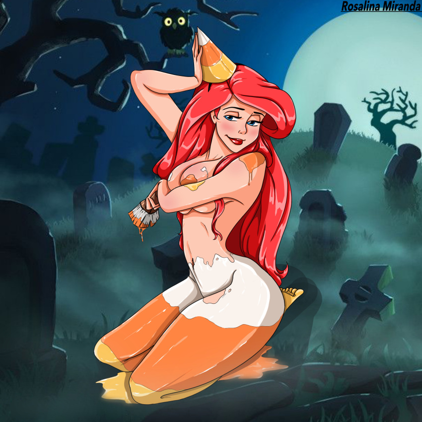 ariel ariel_(the_little_mermaid) blue_eyes bodypaint disney disney_princess graveyard halloween halloween_costume long_hair mshowllet red_hair the_little_mermaid the_little_mermaid_(1989_film) thick_thighs voluptuous