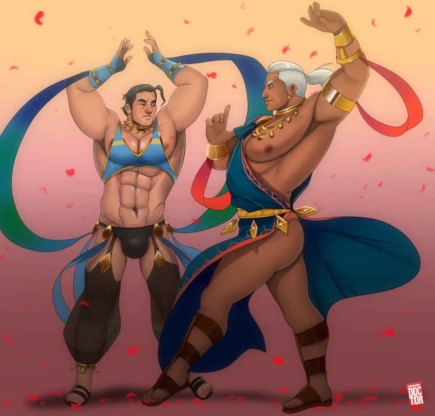 2boys abs alternate_costume ass bara big_ass black_hair closed_eyes crossover dancer dancer_(three_houses) dancing dark-skinned_male dark_skin dedue_molinaro doctor_anfelo earrings fingerless_gloves fire_emblem fire_emblem:_three_houses gloves grey_hair male male_only multiple_boys muscular muscular_male nintendo nipples octopath_traveler olberic_eisenberg ponytail short_hair smile very_short_hair yaoi