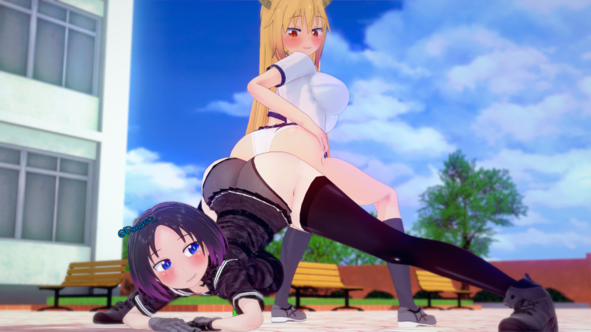 2girls 3d 3d_(artwork) ass_to_ass big_ass big_breasts elma_(dragon_maid) elmast_ female female_only horns jack-o_pose kobayashi-san_chi_no_maidragon miss_kobayashi's_dragon_maid thick_thighs thighhighs tohru_(dragon_maid)