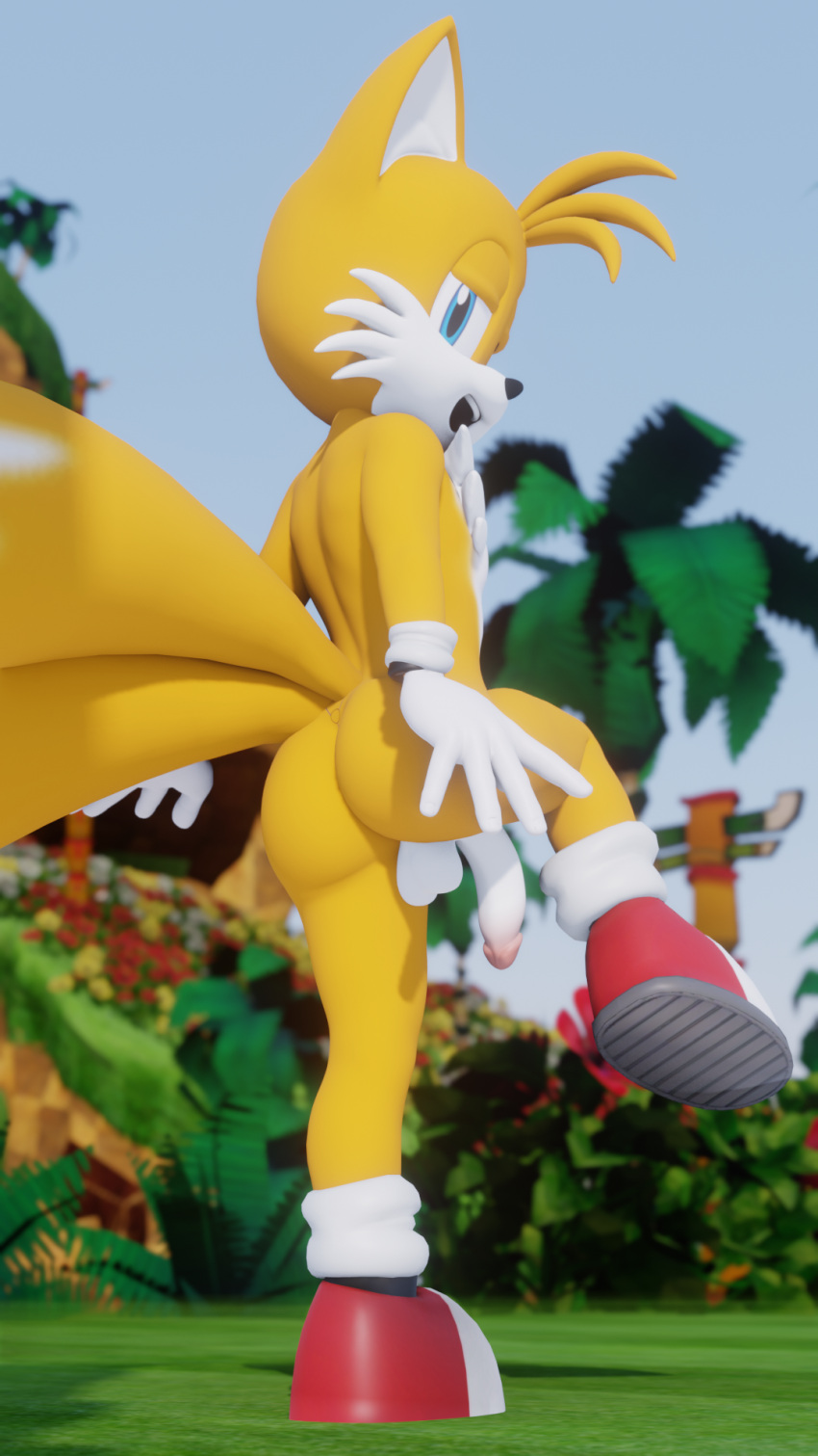 3d 9:16 anthro balls canid canine casual clothing exposed_torso femboy footwear fox genitals gloves handwear hi_res looking_at_viewer looking_back male male_only mammal mostly_nude open_mouth palm_tree penis plant raised_tail sega shoes solo sonic_(series) sonic_the_hedgehog_(series) tails tree twintails3d