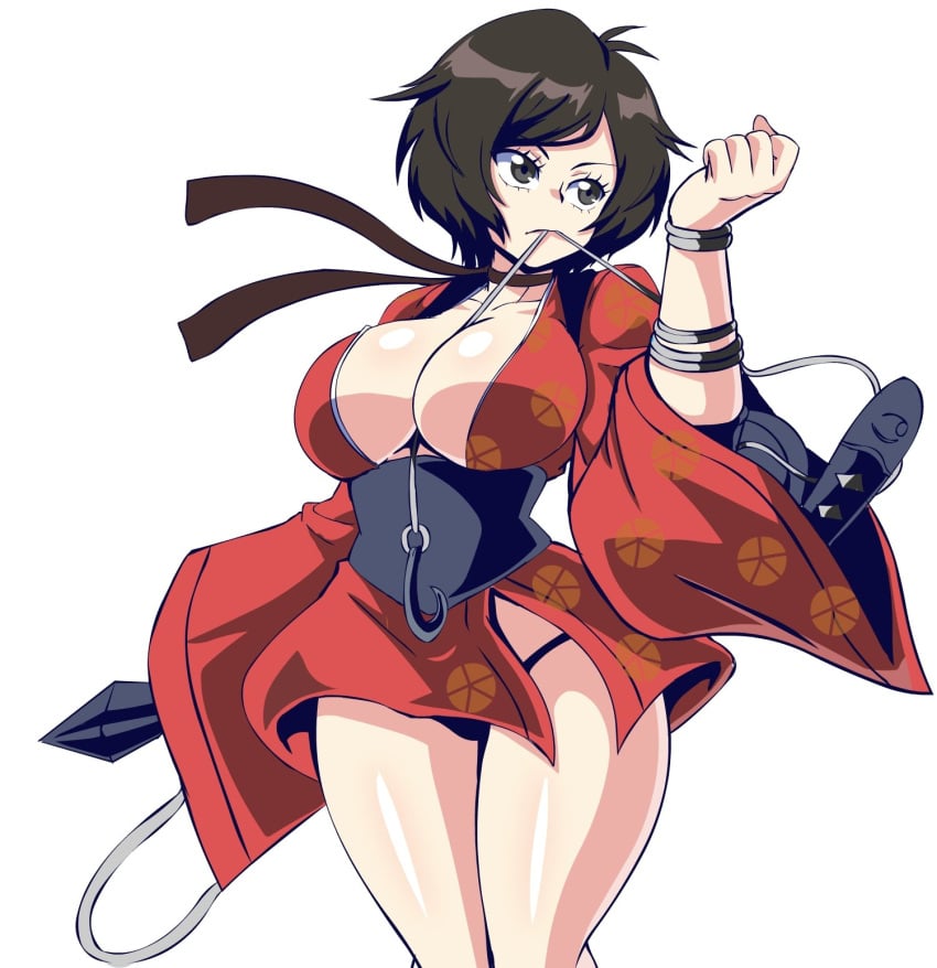 1girls between_breasts black_eyes black_hair black_panties breasts choker cleavage hi_res hidden_weapon highres hook japanese_clothes kimono kurenai_(red_ninja) large_breasts lewdamone looking_afar mouth_hold ninja no_bra open_clothes open_kimono panties pantyshot red_kimono red_ninja red_ninja_end_of_honor ribbon_choker rope sash short_hair short_kimono solo standing underwear white_background wide_sleeves