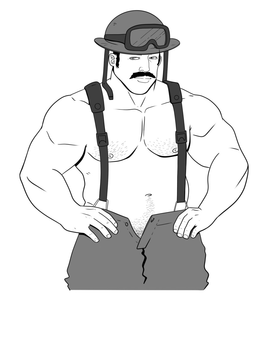 black_and_white bulgeq dad_bod fireman male male_only mavekkart muscles muscular muscular_male suspenders uncolored unzipped_pants