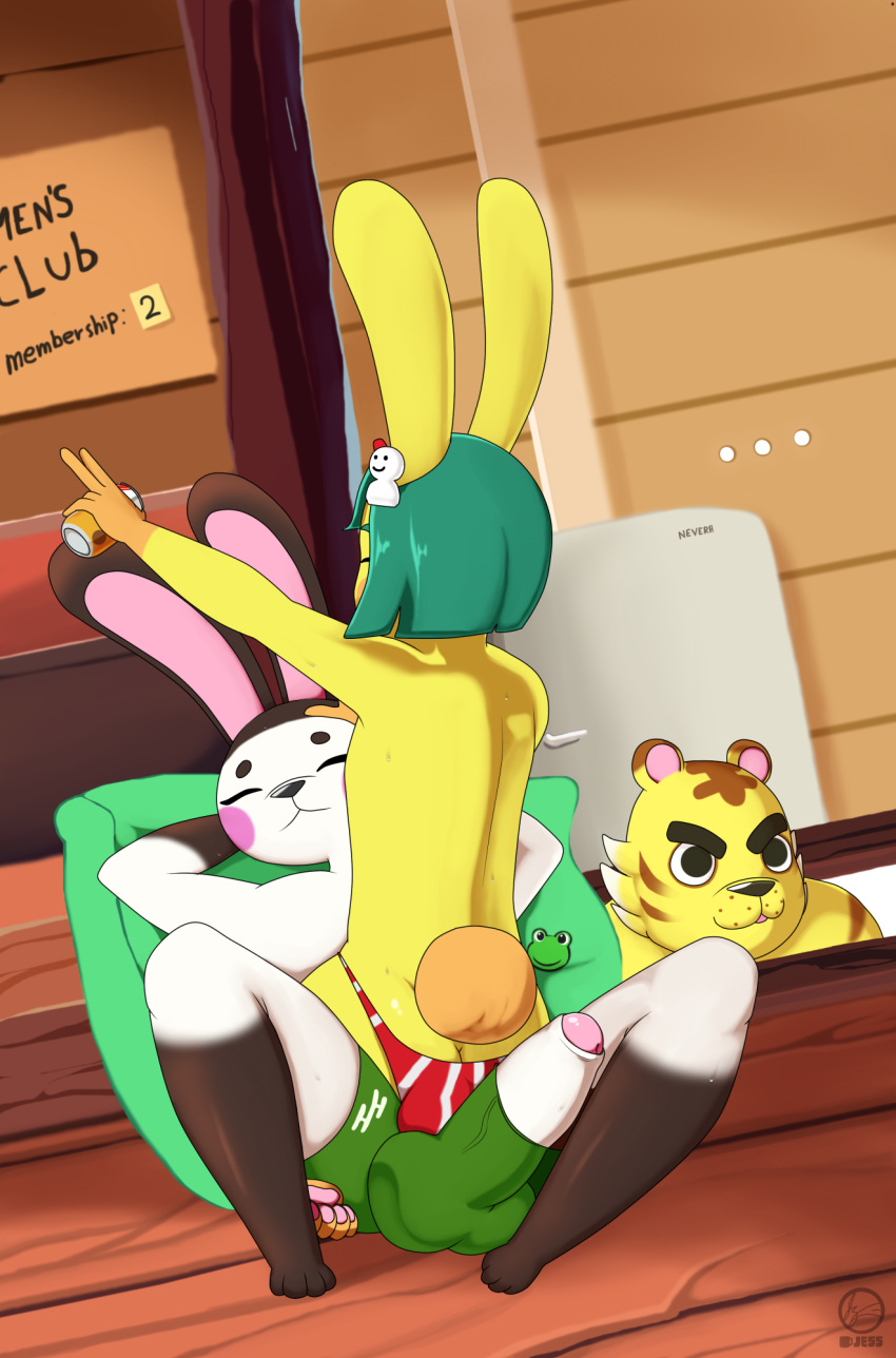 2021 animal_crossing anthro ass big_penis femboy gay genji_(animal_crossing) jessesmash32 lagomorph long_ears nintendo overweight penis penis_out rabbit rabbit_humanoid sanrio summer sweat thong tiger toby_(animal_crossing) treehouse tybalt_(animal_crossing) yaoi