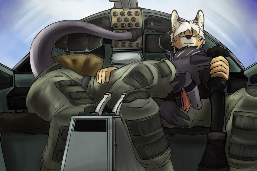 absurd_res aircraft airplane anthro bent_over bethesda_softworks canid canine canis closed_eyes clothing cockpit coyote distracted_flying duo erection f-111 fallout felid feline fellatio flying fur genitals hair hand_on_back hand_on_leg hand_on_thigh hi_res hybrid male male/male male_penetrated male_penetrating male_penetrating_male mammal night_stalker_(fallout) olezka_(sausysandwich) oral oral_penetration outside penetration penile penis reptile scalie serval sex sky snake spots tan_body tan_fur tongue uniform vehicle video_games vizelius white_body white_fur