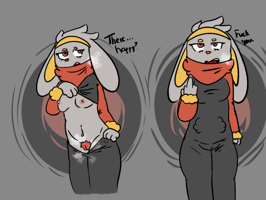 aetherouranos anthro areola breasts clothing female flashing generation_8_pokemon genitals gesture hi_res lagomorph leporid mammal middle_finger musk nintendo nipples pink_areola pink_nipples pokemon pokemon_(species) pussy rabbit raboot simple_background small_breasts solo video_games