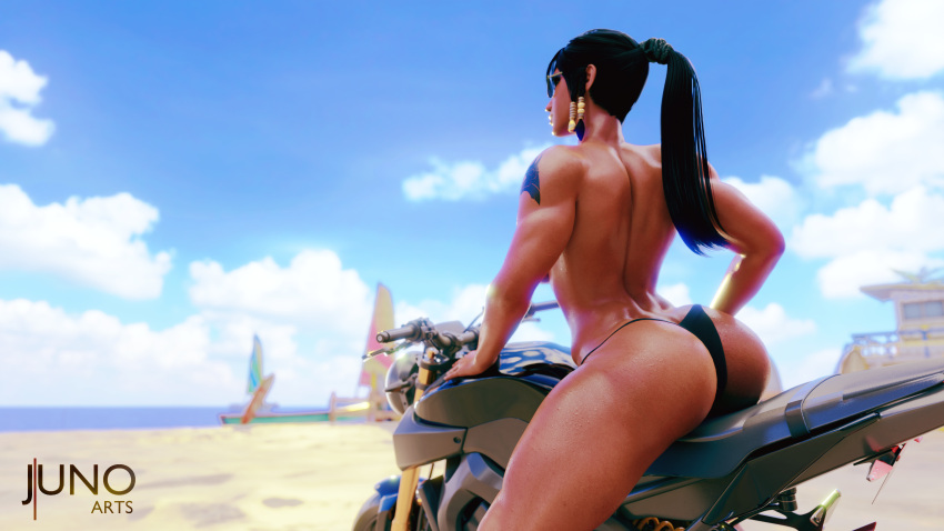 3d ass beach big_ass big_breasts big_butt bikini_bottom black_hair blue_sky breasts bubble_ass bubble_butt butt cloud clouds cloudy_sky dark-skinned_female glasses hand_on_leg hi_res highres juno3d legs long_hair motorcycle nude nude_male overwatch pharah sand shiny shiny_skin side_view sideboob sitting solo solo_female solo_focus sunglasses sunglasses_on_head sunlight topless