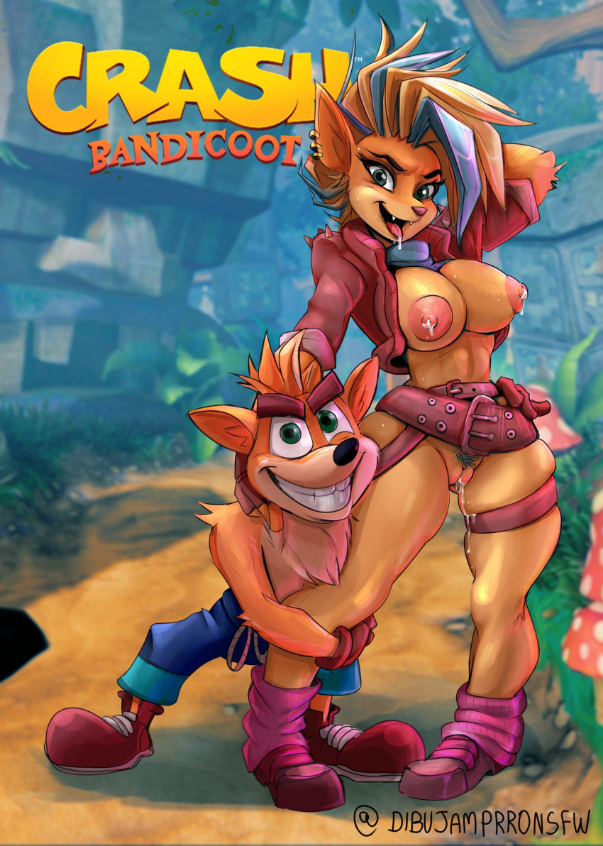 1boy 1girls activision anthro big_breasts bodily_fluids breasts crash_(series) crash_bandicoot duo female full_body functionally_nude functionally_nude_female fur genital_fluids genitals hi_res lactation male male/female navel nipples outdoors pirate_tawna pussy pussy_juice standing tawna_bandicoot tawna_bandicoot_(crash_4) torule34 uncensored video_games