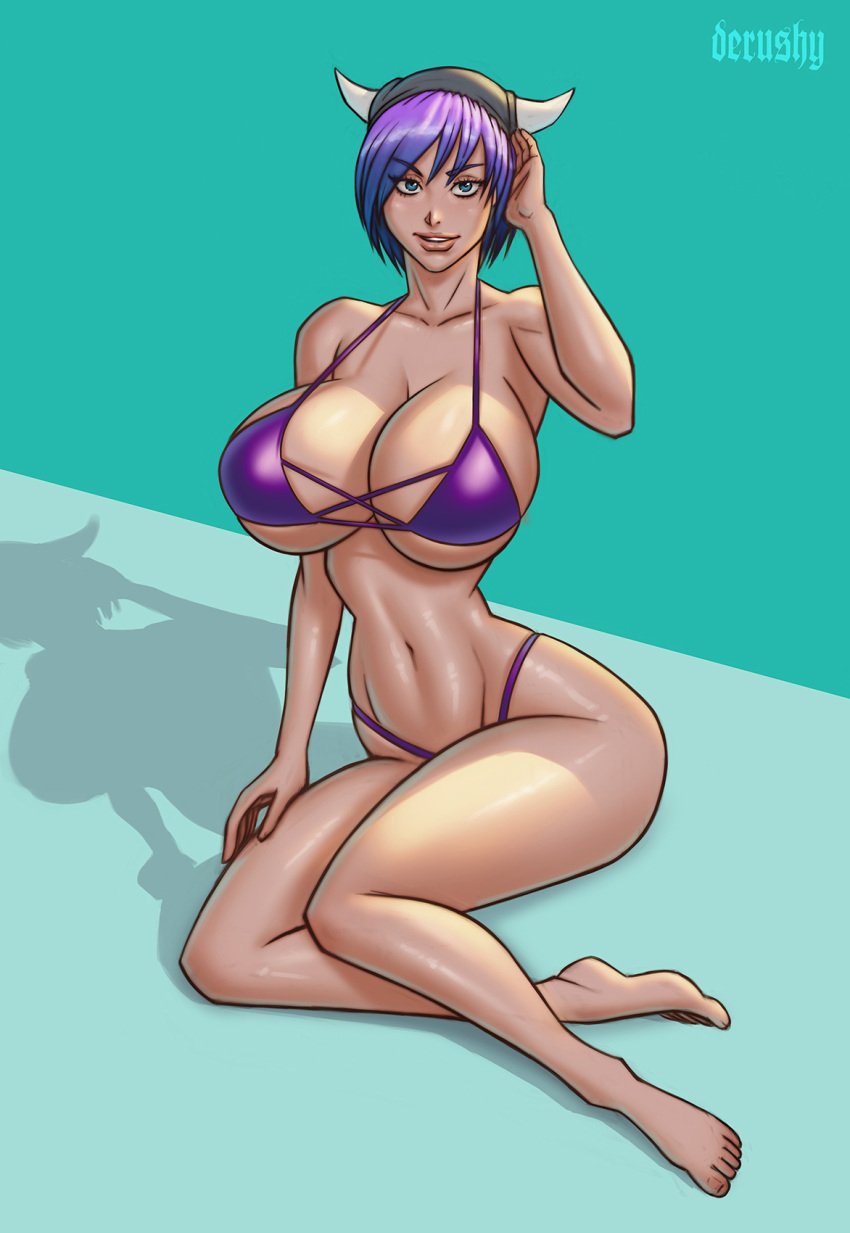 1girls bikini derushy horned_headwear huge_breasts original original_character purple_hair short_hair voluptuous