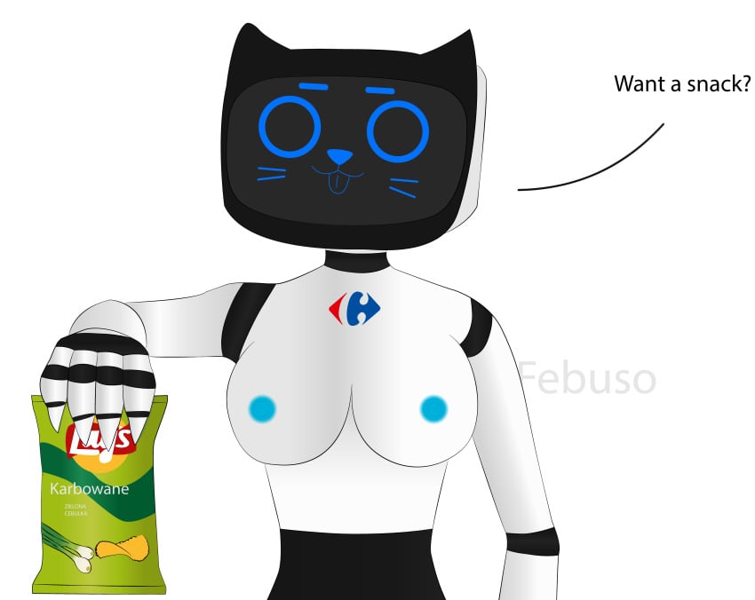 1girls 2d absurd_res anthro breasts carrefour domestic_cat english_text febuso felid feline felis female female_focus food hi_res humanoid kerfus kerfuś lay's machine mammal nipples owo robot robot_girl robot_humanoid screen_face solo talking talking_to_viewer text white_background white_body