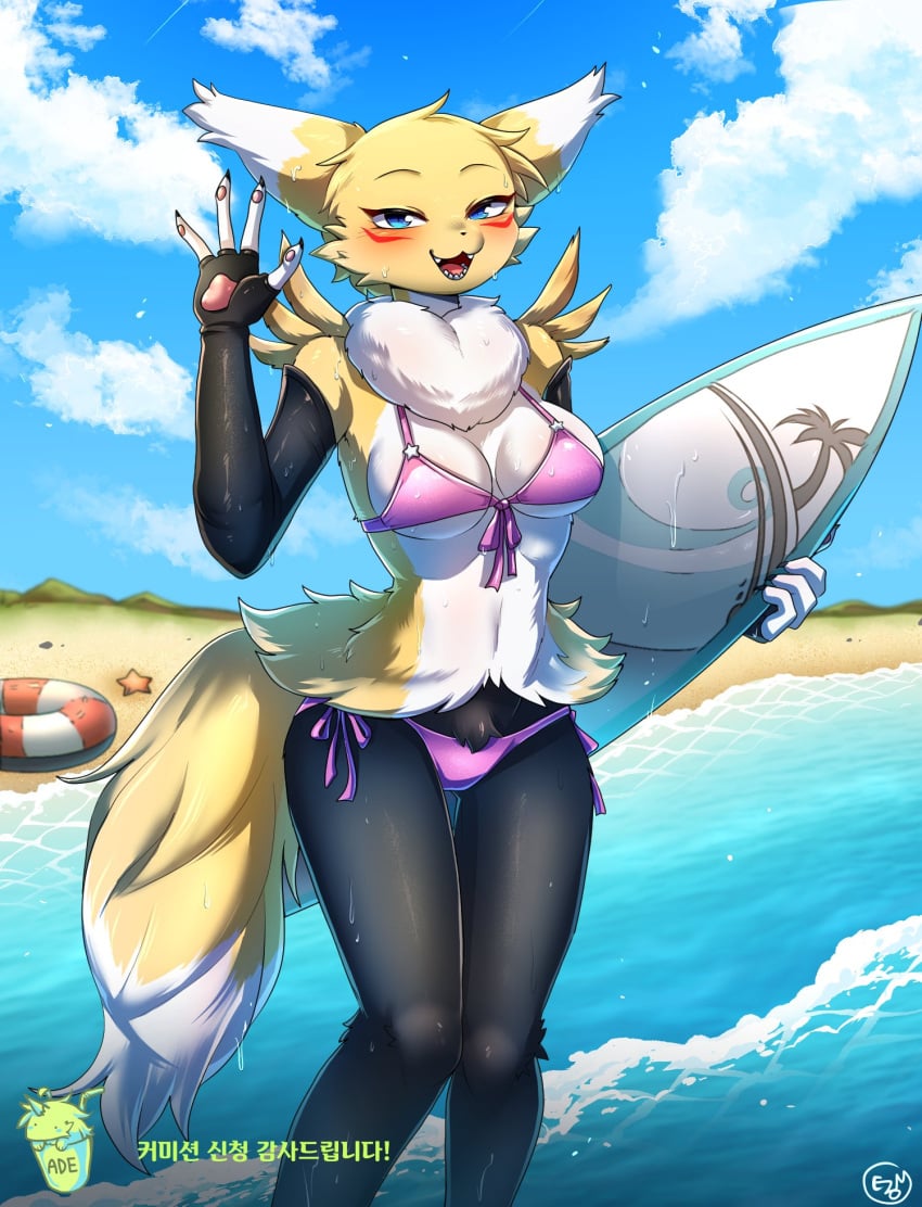 :3 anthro asterozoan bandai_namco beach bikini blush braixen breasts canid canine canis cleavage clothed clothing crossover digimon digimon_(species) digital_media_(artwork) echinoderm enoiz female generation_6_pokemon hi_res hybrid inflatable inflatable_toy inner_tube mammal marine medium_breasts navel nintendo outside pokémon_(species) pokemon pokemon_(species) pool_toy renamon sand seaside sky solo starfish starfish_(accessory) surfboard swim_ring swimwear under_boob video_games water wet white_body yellow_body