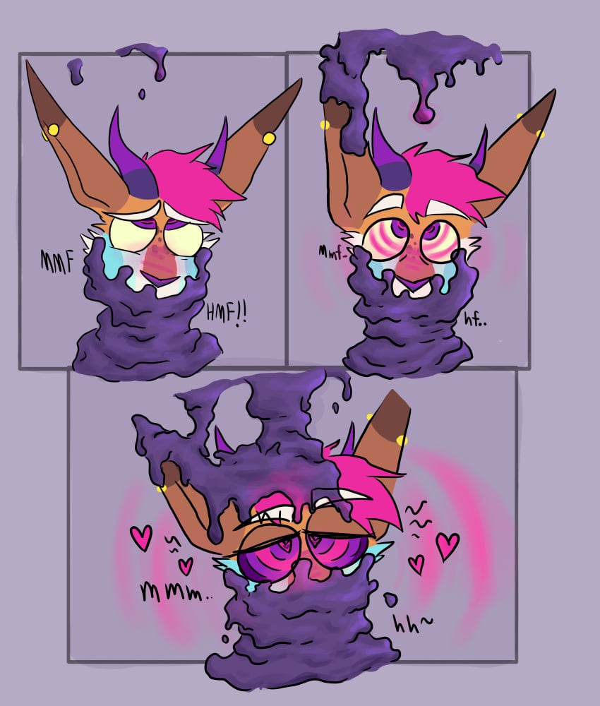 <3_eyes absurd_res anthro antlers astrodrak blush dyed-hair ear_piercing forced forced_transformation goo_transformation heart hi_res horn hypno_goo hypnosis jackalope lagomorph looking_pleasured male mammal mind_control moan nervous piercing punk punk_hair scared slime slime_on_face solo transformation