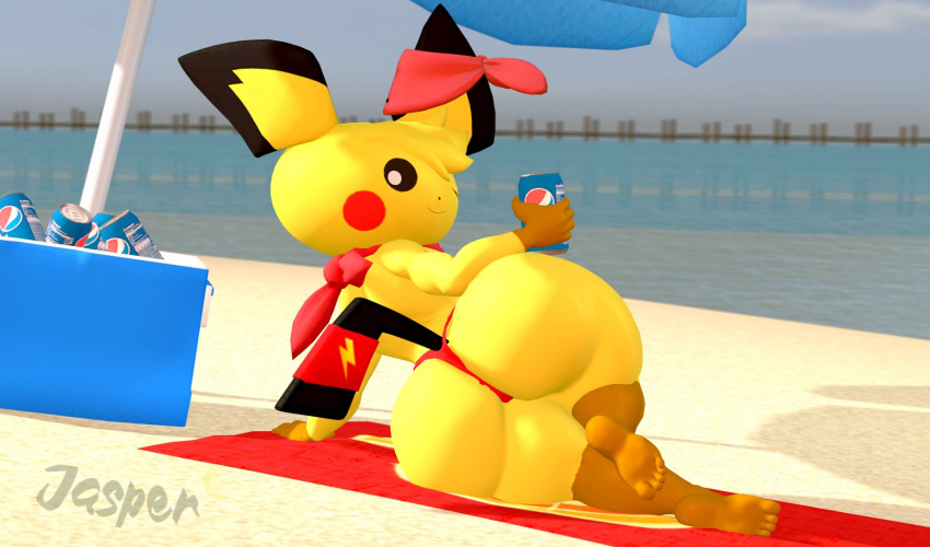 1boy 3d 5_fingers 5_toes anthro anthrofied asking_for_it ass bandana beach big_ass big_butt bikini bottom_heavy cooler dat_ass fat_ass femboy fur furry furry_only hair_tuft jasperisnotcool laying_on_side looking_at_viewer looking_back male male_only nintendo pepsi pichu pokémon_(species) pokemon product_placement red_bikini ribbon sfm shortstack solo source_filmmaker tail thick_thighs thighs thunder_thighs umbrella wide_hips winking