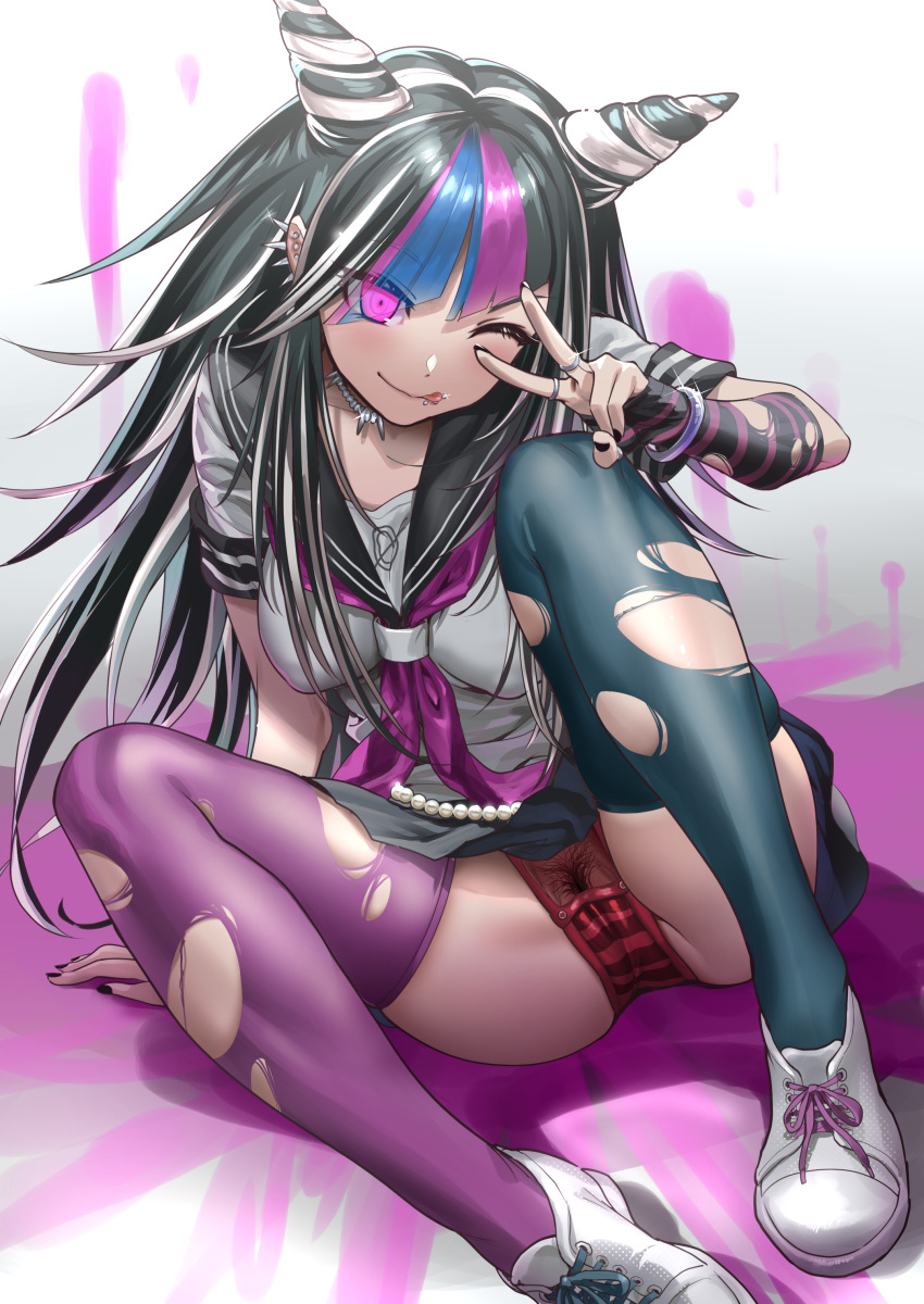 alternate_version_available andou_shuki breasts danganronpa danganronpa_2:_goodbye_despair female_only mioda_ibuki nipple_bulge panties pubic_hair see-through straight_hair super_danganronpa_2 thighhighs thighs torn_clothes upskirt