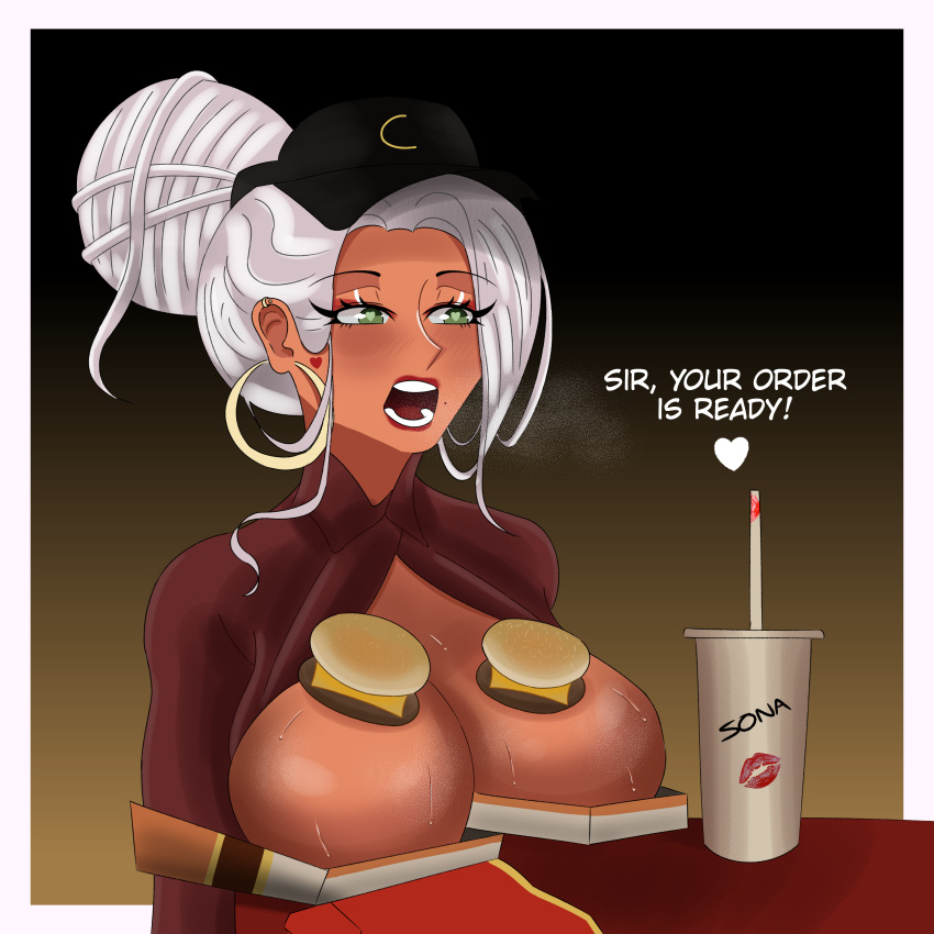 1girls big_breasts boob_burger dark-skinned_female dark_skin earrings food green_eyes hamburger heart itzaysel lips lipstick lipstick_mark meme mole mole_under_mouth sona_(cinnabus) thecoomerartist white_hair your_order_is_ready_(meme)