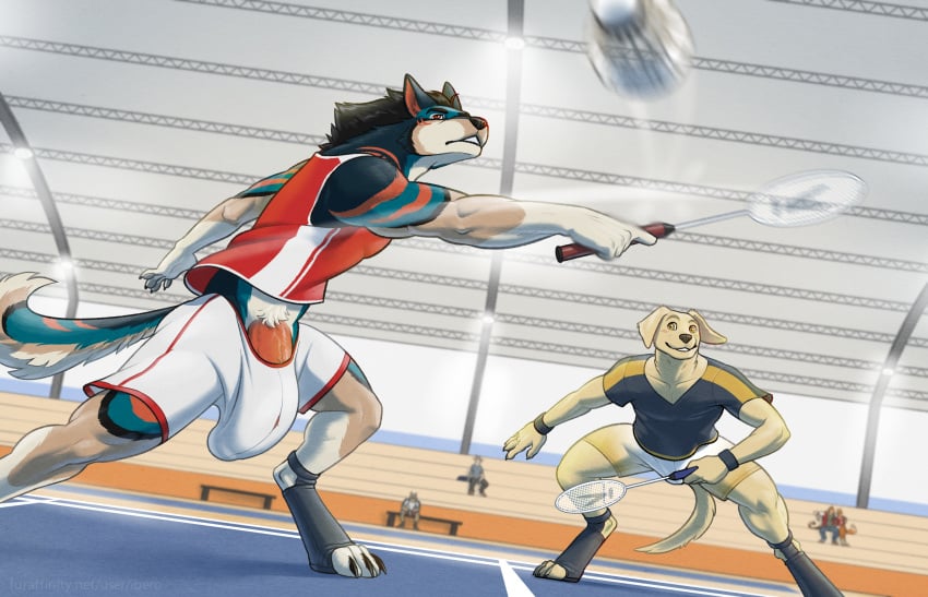 anthro badminton_racket big_bulge big_penis bulge canid canine canis domestic_dog duo genitals geordie_79 hi_res huge_bulge huge_cock ibero male male/male mammal penis public wolf