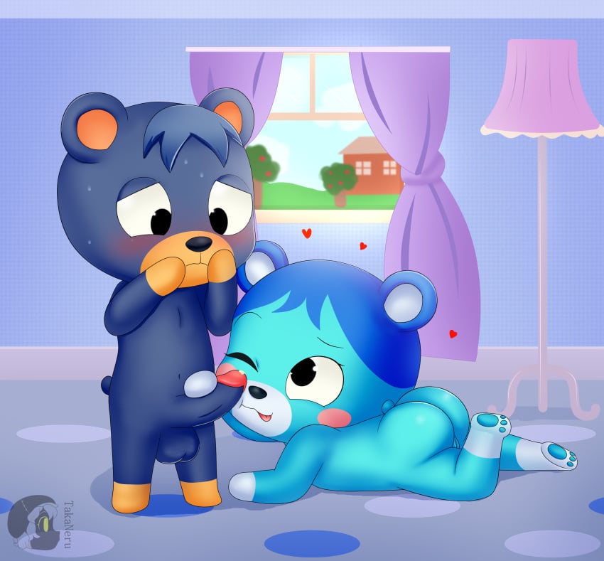 absurd_res animal_crossing anthro ass blue_body blue_fur bluebear_(animal_crossing) female fur hi_res male male/female mammal masturbation nintendo poncho_(animal_crossing) takaneru ursid video_games young