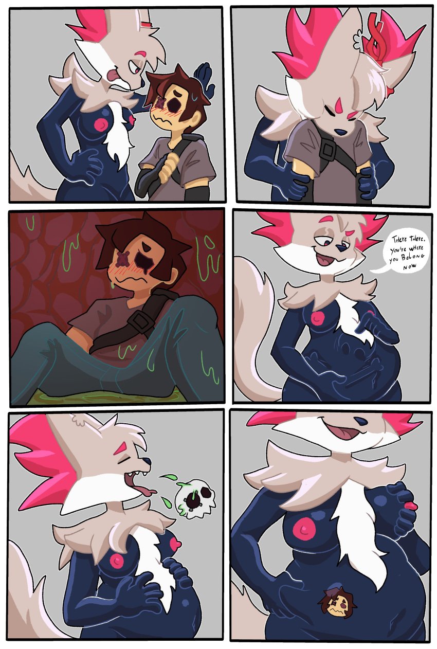 absurd_res anthro anthro_pred belly belly_squeeze belly_tattoo bf-felz bodily_fluids bone braixen breasts burping burping_up_object comic digestion digital_media_(artwork) female female_pred generation_6_pokemon hand_on_stomach hand_on_wall head_first head_in_mouth hi_res human human_prey inside_stomach larger_anthro larger_female male male/female male_prey mammal medium_breasts navel nervous nintendo nipples oral_vore pokémon_(species) pokemon pokemon_(species) size_difference skull slightly_chubby smaller_human smaller_male stomach_acid swallowing sweat sweatdrop talking_to_another tattoo tattooification tongue tongue_out video_games vore weight_gain