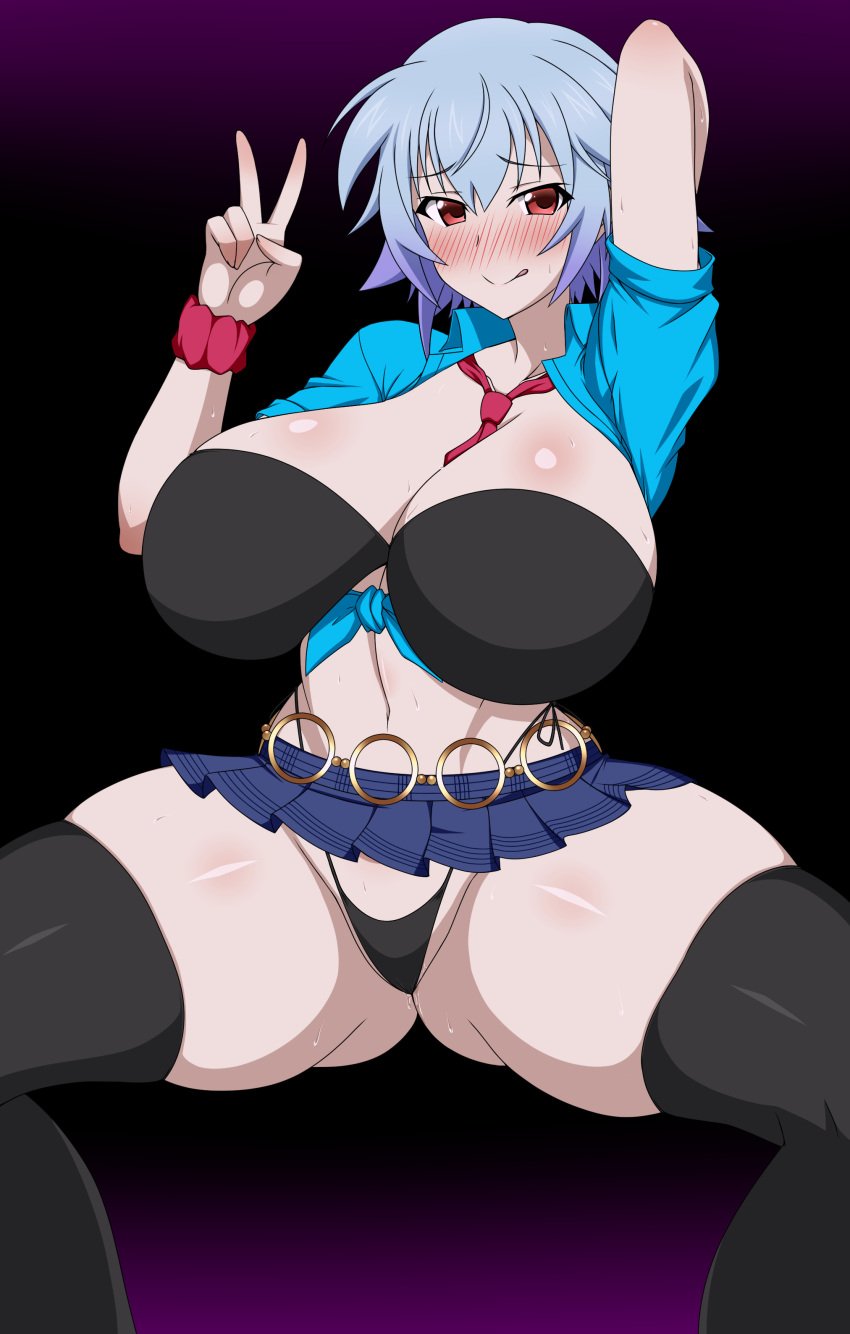 :p absurdres arm_up ass_visible_through_thighs between_breasts bikini bikini_under_clothes black_bikini blue_hair blush breasts female front-tie_top highres infinite_stratos large_breasts looking_at_viewer microskirt necktie necktie_between_breasts red_eyes red_necktie sarashiki_tatenashi senki_zesshou_symphogear shiny shiny_hair shiny_skin short_hair skindentation skirt solo space_gorilla spread_legs sweat swimsuit thick_thighs thighs tongue tongue_out v