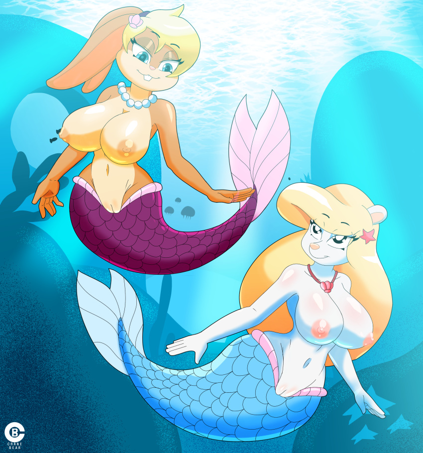 2girls absurd_res animaniacs anthro big_breasts blonde_hair blue_tail breasts cranebear crossover curvy curvy_body curvy_figure duo female fish_tail furry genitals hi_res lola_bunny long_hair looney_tunes marine merfolk mermaid mermaid_position mermaid_tail mermaid_transformation minerva_mink mink monster_girl nipples nude ocean pussy rabbit sea seductive_look space_jam split_form swimming underwater warner_brothers water