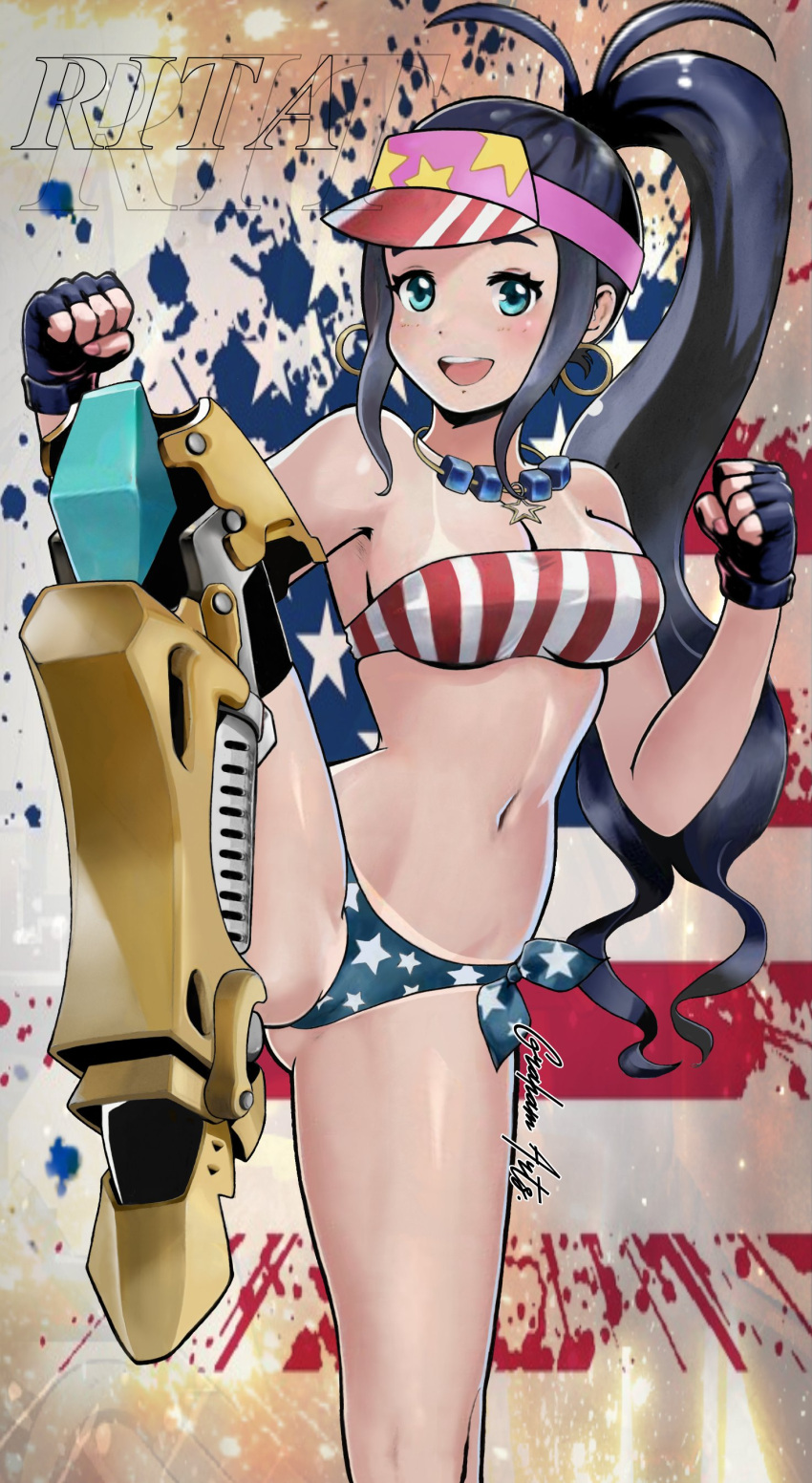 1girls 2021 american_flag american_flag_bikini aqua_eyes bikini black_gloves black_hair blush boot collar dark_blue_hair female female_focus female_only fingerless_gloves graham_arts happy happy_facial hat hi_res high_resolution leg_up light-skinned_female looking_at_viewer medium_breasts medium_hair metal_slug metal_slug_attack ponytail pussy_visible_through_clothes rita_lewensky seductive snk summer tan_body tan_markings tan_skin tanned_female tanned_skin thick_thighs thighhighs