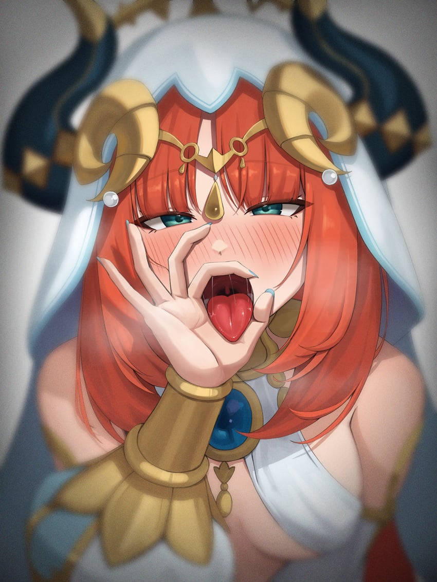 1girls bangs blowjob_gesture blush breasts brooch deepthroat_invitation detached_sleeves fellatio_gesture female female_only genshin_impact green_eyes highres horns light-skinned_female light_skin long_hair looking_at_viewer medium_breasts nail_polish nilou_(genshin_impact) open_mouth red_hair saliva saliva_trail sexually_suggestive solo sp123 tongue tongue_out veil