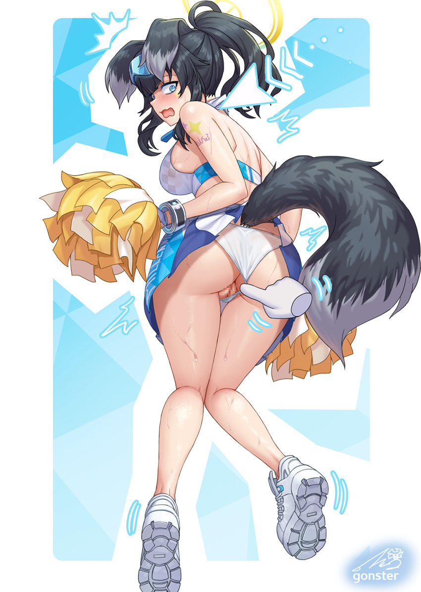 animal_ears arm_tattoo ass bare_legs black_hair blue_archive blue_eyes bracelet breasts censored clothing_aside disembodied_limb dog_ears dog_tail female from_behind full_body goggles goggles_on_head gonster halo hibiki_(blue_archive) hibiki_(cheerleader)_(blue_archive) highres holding holding_pom_poms jewelry large_breasts looking_back mosaic_censoring open_mouth panties panties_aside pom_pom_(cheerleading) ponytail pussy shoes sidelocks solo_focus star_tattoo tail tattoo underwear white_footwear white_panties