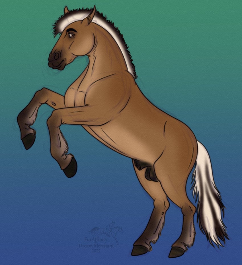 amber_eyes anatomically_correct anatomically_correct_genitalia animal_genitalia arvakr balls draft_horse dream_merchant equid equine feral fjord_horse genitals gradient_background hi_res horse looking_at_viewer male mammal on_hind_legs sheath simple_background solo