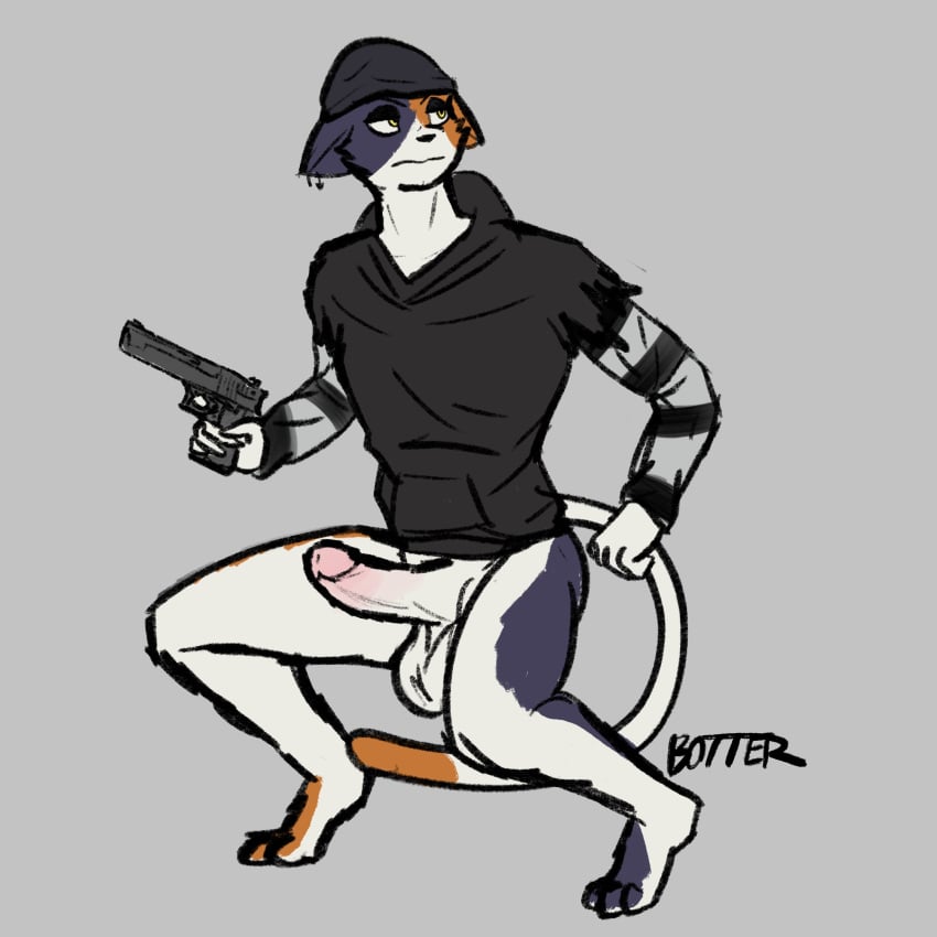 2022 anthro balls beanie botter_dork calico_cat clothed clothing crouching desert_eagle digital_media_(artwork) domestic_cat epic_games erection felid feline felis fortnite fur genderswap_(ftm) genitals gun hat headgear headwear hi_res humanoid_genitalia humanoid_penis looking_at_another male male_only mammal meow_skulls_(fortnite) mottled penis piebald piercing pink_penis ranged_weapon rule_63 simple_background solo topwear video_games weapon