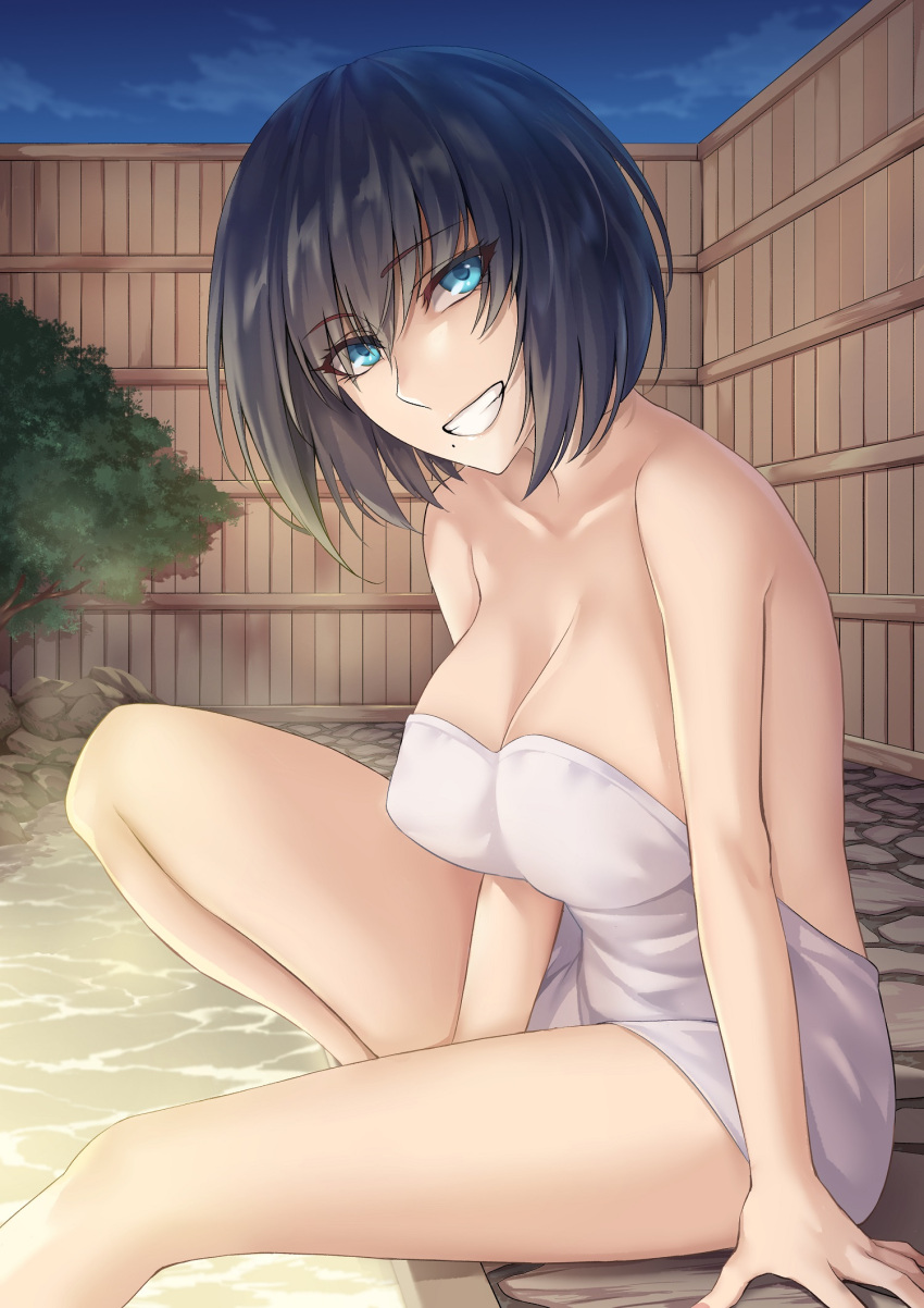 1girls bangs bathing big_breasts black_hair blue_eyes blush breasts collarbone female female_focus female_only grin head_tilt large_breasts light-skinned_female light_skin looking_at_viewer mole mole_under_mouth navel night night_sky nipples nude only_female onsen original original_character rinone_sakuma sakuya_(liao_kj) short_hair sitting sky smile smiling smiling_at_viewer soaking_feet solo solo_female solo_focus teeth thighs towel water