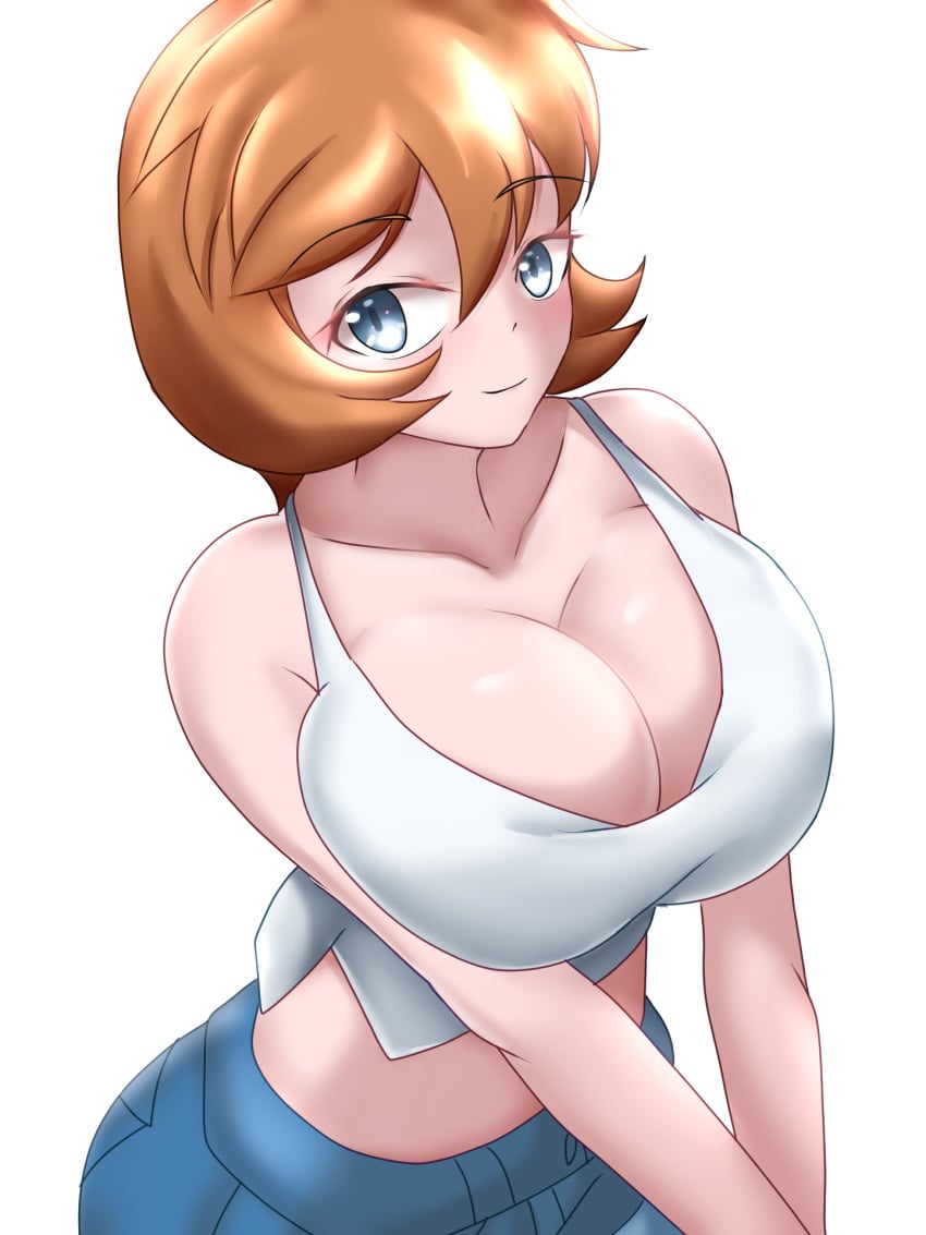 1girls 2020s 2022 anime asymmetrical_hair bare_legs bare_shoulders blue_bottomwear blue_eyes blush breasts cleavage clothed clothes clothing cowboy_shot curvaceous denim denim_shorts ecstasy female female_only female_pubic_hair front_view game_freak gen_1_pokemon gen_2_pokemon gym_leader high_resolution hips huge_breasts human human_only kasumi_(pokemon) large_breasts legs light-skinned_female light_skin looking_at_viewer manga micro_shorts nintendo orange_hair pokemon pokemon_(anime) pokemon_(classic_anime) pokemon_(game) pokemon_gsc pokemon_hgss shirt short_hair short_shorts shorts side_ponytail smile solo solo_female standing tank_top teenager thick thick_thighs thighs tomboy white_shirt white_topwear wide_hips