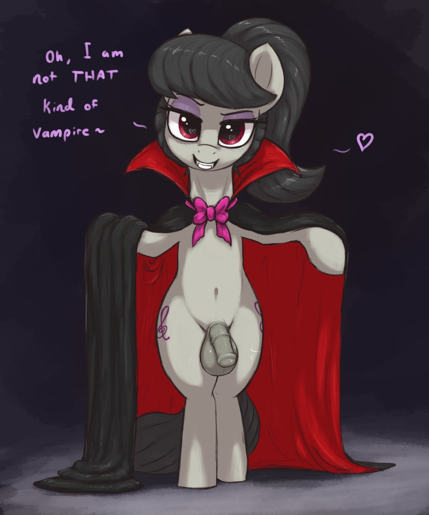 1boy balls bedroom_eyes belly_button bow cape cloak clothes collar costume eyeshadow fangs femboy friendship_is_magic genderswap_(ftm) halloween heart horsecock looking_at_viewer male male_only my_little_pony octavia_melody penis rule_63 smile solo t72b talking_to_viewer vampire