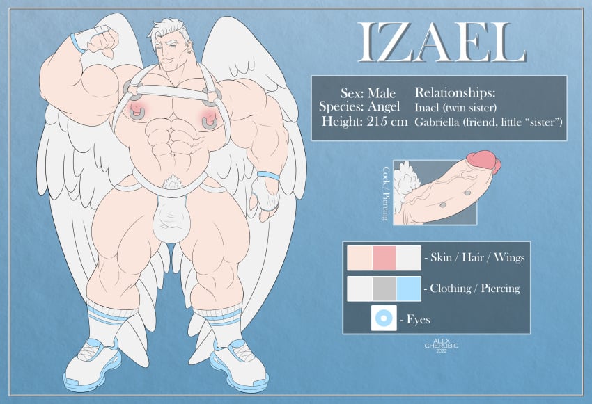 1boy abs alexcherubic angel angel_wings biceps blue_eyes flexing genital_piercing genitals male male_only model_sheet muscle muscles muscular muscular_male original original_character pecs penis pierced_ears pierced_genitals pierced_nipples piercing pubic_hair reference_image reference_sheet short_hair sneakers solo solo_male white_hair wings