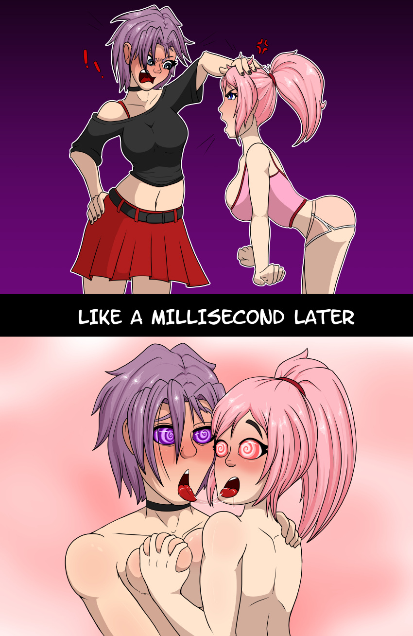 arguing bent_wrist black--wave blue_eyes blush crystal_(lewd-zko) drool_string groping groping_breasts humor hypnosis incest kissing light_skin original pink_hair ponytail purple_hair short_hair sisters spiral_eyes text tongue_out yuri