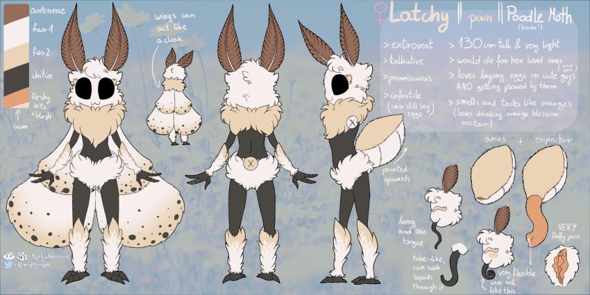 3_fingers 3_toes :3 absurd_res antennae_(anatomy) anthro arthropod arthropod_abdomen bodily_fluids cat_smile cheek_tuft facial_tuft feet female fingers fluffy fluffy_wings front_view genital_fluids genitals hi_res insects latchy_(mightywheelchair) latchy_(oc) leaking_precum lepidopteran long_tongue mightywheelchair model_sheet moth neck_tuft ovipositor precum pubes pussy rear_view side_view solo toes tongue tuft wings