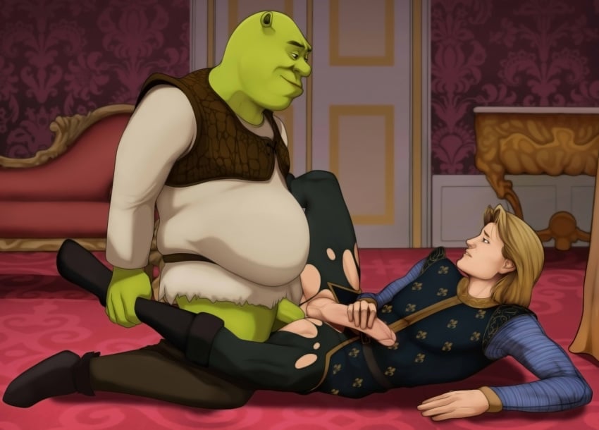 anal_sex blonde_hair clothed_sex clothing dreamworks fat_man gay green_skin light-skinned_male monster_on_male penis prince_charming_(shrek) shrek shrek_(series) shrek_2_(2004) yaoi