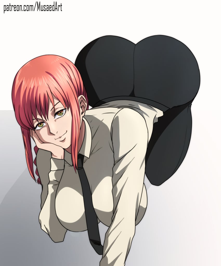 1girls all_fours ass big_ass big_breasts big_butt braided_hair breasts chainsaw_man clothed_female female female_only fully_clothed huge_ass huge_butt long_hair makima_(chainsaw_man) musaed_art red_hair solo yellow_eyes