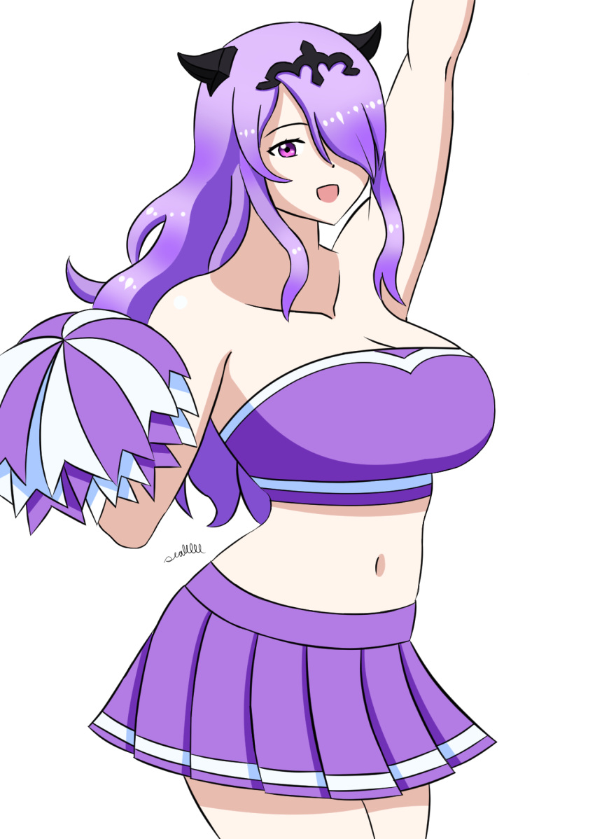 1girls alternate_costume breasts camilla_(fire_emblem) cheerleader cheerleader_uniform female female_only fire_emblem fire_emblem_fates hair_ornament hair_over_one_eye large_breasts long_hair looking_at_viewer midriff navel nintendo pom_pom_(cheerleading) pom_poms purple_eyes purple_hair purple_skirt sealllll skirt strapless_topwear