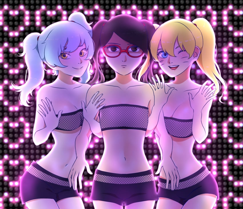 3girls ambiguous_background black_hair blonde_hair blue_eyes blue_hair boruko boruto:_naruto_next_generations breast_envy breast_size_difference breasts clavicle envy female female_only flat_chest gender_transformation genderswap_(mtf) group high_resolution jealous megane mitsuki_(naruto) multiple_girls naruto naruto_(series) navel onenechan pettanko red-framed_glasses rule_63 sarada_uchiha sexy_no_jutsu short_hair small_breasts trio uzumaki_boruto whiskers wink yellow_eyes