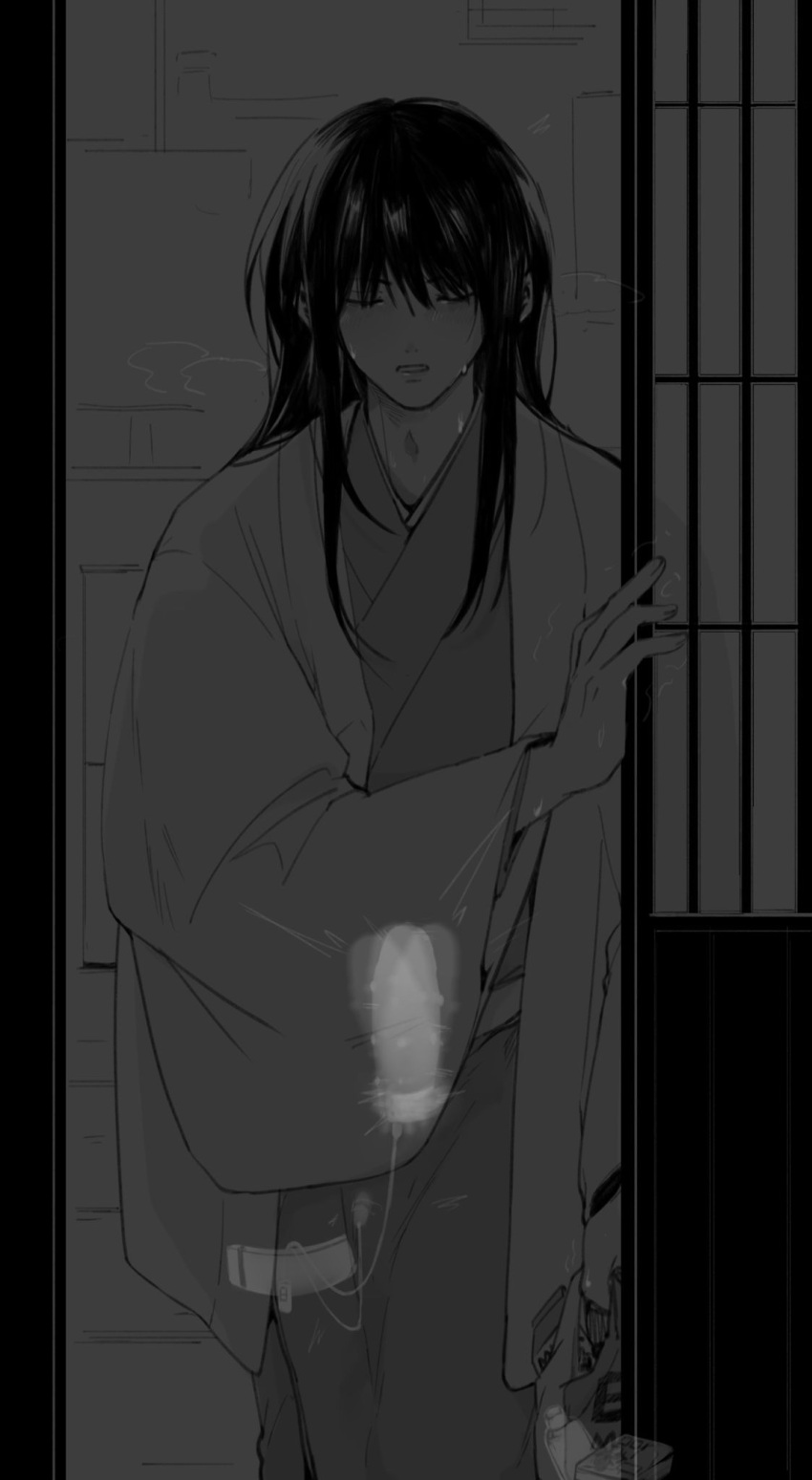 anal_insertion bullet_vibe closed_eyes dildo dildo_in_ass flustered fully_clothed gintama haori japanese_clothes katsura_kotarou kimono long_hair long_hair_male male male_only mew_(pixiv) monochrome more_at_source motion_blur ribbed_dildo sex_toy solo sweat vibrating_dildo vibrator vibrator_in_ass vibrator_under_clothes x-ray